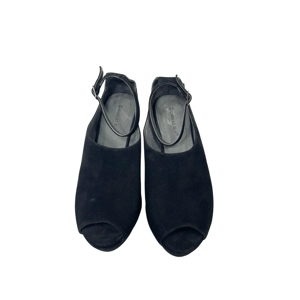 Chocolat Blu Walter suede Ankle Strap Wedge Sandals Size 8 black boho‎ platform